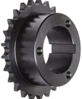 Top Tier Single Strand Roller Chain Sprocket With 25 Teeth And Split Taper Bushing Made From Hardened Steel For 40 Pitch Half Inch Ansi Chains, side angle view.