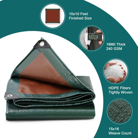 16 Mil Heavy Duty Waterproof Tarp 10 By 10 Feet For Outdoor Use Large Multipurpose Protective Cover with reinforced edges