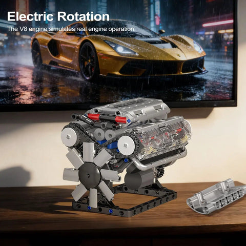 V8 Engine Model Kit With Electric Motor And Battery Box 535 Piece DIY STEM Mechanics Engineering Set displayed on a table.