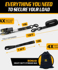 Heavy Duty Ratchet Straps 4 Pack Tie Down Belts 1 Inch By 15 Feet 1680 Lb Break Strength with ergonomic handles and soft loops.