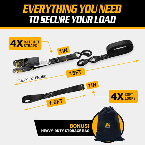 Heavy Duty Ratchet Straps 4 Pack Tie Down Belts 1 Inch By 15 Feet 1680 Lb Break Strength with ergonomic handles and soft loops.