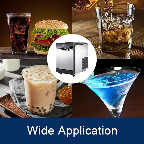 Top Tier Counter Top Ice Maker Delivers Sixty One Pounds Daily Lightning Fast Five Minute Cycle in a kitchen setup with drinks.