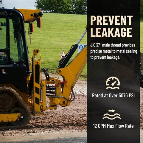 Side view of yellow skid steer with 90° elbow hydraulic quick-connect fitting (1/2 in body, 3/8 in JIC male) and dust caps.