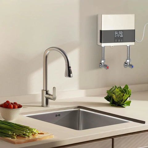 Slick 4000W Tankless Mini Electric Water Heater Featuring Constant Temperature Technology And Convenient Wireless Remote Control Plus Badass Abs Design For Quick Daily Use, installed under kitchen sink.