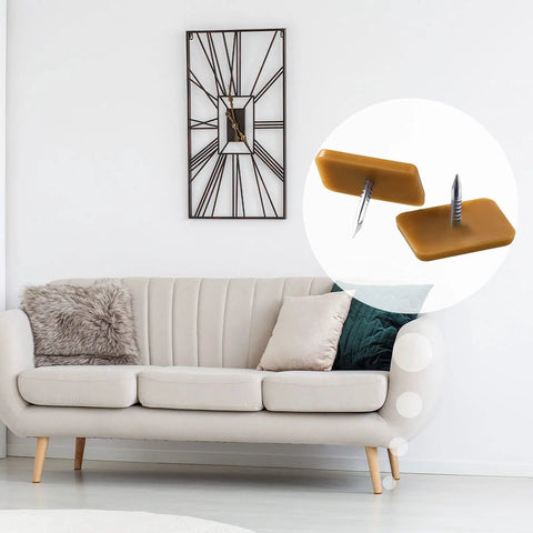 Top Shelf Furniture Hardware Pack Including Thirty Heavy Duty Plastic Drawer Stops For Dresser Repairs Square And L Shaped Cabinet Gliders Zero Hassle Setup on a modern sofa with wall decor.