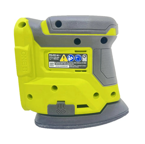 Cordless 18V Corner Finish Sander for tight edges and trim, lightweight power tool, gray and yellow design, close-up side view