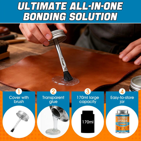 Heavy Duty Waterproof Super Glue Container With Built In Brush Applicator One Seventy Milliliter Size used on leather with a brush.