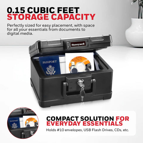 Compact Home Safe Box With Key Lock, Fireproof And Water Resistant; open view showing space for documents and USB drives.