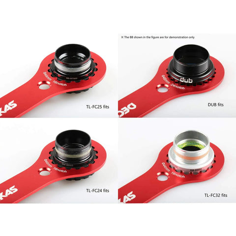 Heavy Duty Aluminum 7075 Bottom Bracket Wrench For External Bearing Cups 44mm And 46mm With 16 And 24 Notches Fits SRAM DUB Race Face Cinch ZTTO BSA30 Mountain Bike Maintenance Tool showing fit examples for DUB, TL-FC25, TL-FC24, TL-FC32.