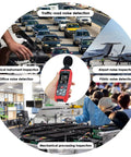 Sound Level Data Logger With Real Time Decibel Readouts 30 To 130 dB Range displayed in various inspection scenarios