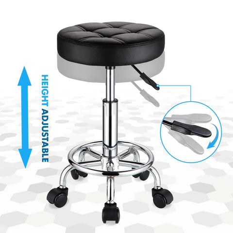 Round Rolling Stool With PU Leather Seat, Height Adjustable From 19.6 To 25.5 Inches, 360 Degree Swivel, Durable Wheels, Black