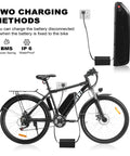 Beast 1000W Peak Electric Mountain Bike For Adults next to removable 48V 13Ah battery showing two charging methods, 26 inch MTB
