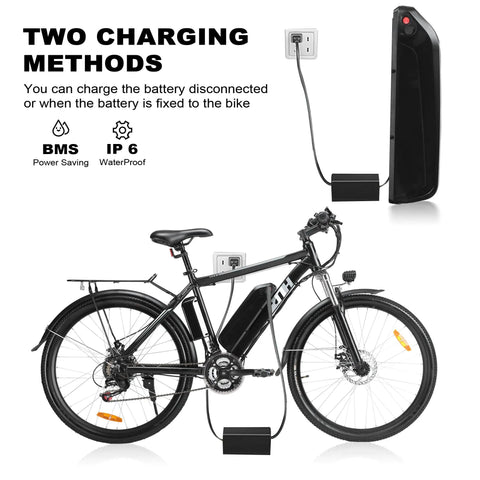 Beast 1000W Peak Electric Mountain Bike For Adults next to removable 48V 13Ah battery showing two charging methods, 26 inch MTB