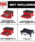 Premium Shop Rig Ready 366 Piece Master Mechanics Hand Tool Set With Heavy Duty 12 Drawer Rolling Cart showing tool contents in drawers.