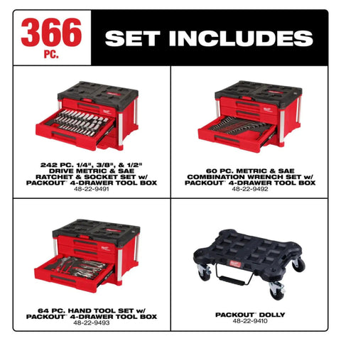 Premium Shop Rig Ready 366 Piece Master Mechanics Hand Tool Set With Heavy Duty 12 Drawer Rolling Cart showing tool contents in drawers.
