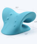 Side view of blue Neck And Shoulder Relaxer Cervical Traction Device for TMJ Pain Relief, ergonomic foam structure with dimensions