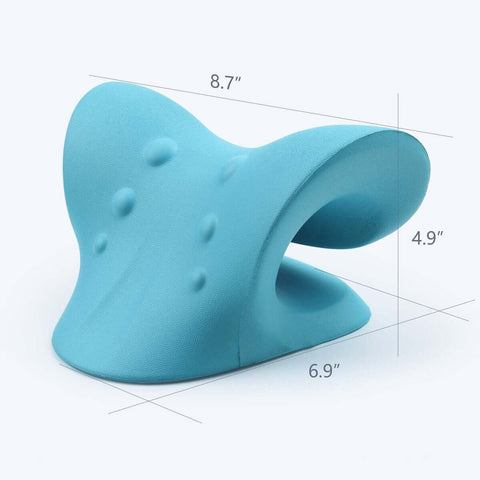 Side view of blue Neck And Shoulder Relaxer Cervical Traction Device for TMJ Pain Relief, ergonomic foam structure with dimensions