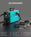 All In One 165A MIG Welder For 110V 220V 4 In 1 Gas Or Flux Core MIG Lift TIG And Stick Weld Modes Large LED Display IGBT Inverter Beast Gasless Synergy Welder For Home Shop And Pro Projects with accessories including torch, clamp, air hose.