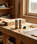 Self-Locking Table Stop Set For Workbench Holes, Non-Slip 20mm Crafting Bench Stop on wooden workbench with ruler and shavings