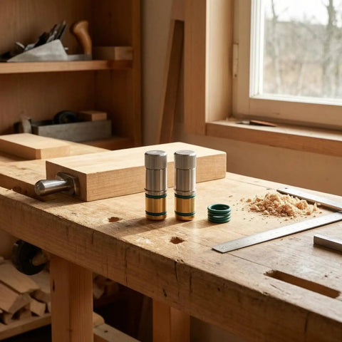 Self-Locking Table Stop Set For Workbench Holes, Non-Slip 20mm Crafting Bench Stop on wooden workbench with ruler and shavings