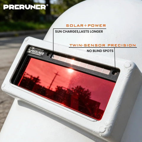 Flex Series Red Shade 5-13 Auto Darkening Welding Lens 2x4-1/4 with solar power and twin-sensor precision on a white surface.
