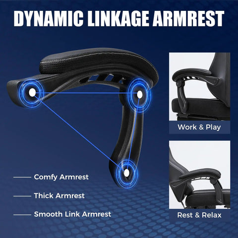 All Day Comfy Ergonomic Gaming Chair With Footrest And Recline Headrest And Lumbar Support Linkage Armrests, close-up view