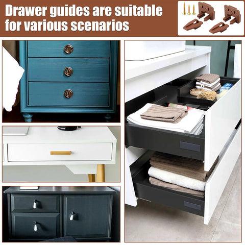 Brown Plastic Drawer Track Guide Repair Kit For Center Mount Drawers To Run Dang Smooth Quick Replacement Slides With Mounting Screws For Dressers And Nightstands displayed on various furniture.