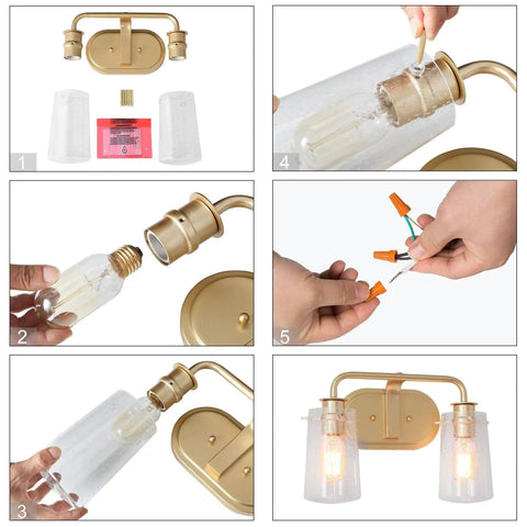 Soft Gold 4 Light Vanity Fixture installation steps with Seeded Glass Shade for 31 Inch Modern Chic Bathroom Lighting Bar