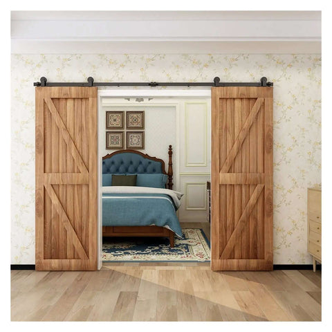 Sliding Barn Door Hardware Kit For 4Ft To 20Ft Rails System with T Style Rollers on double wood doors installed in bedroom
