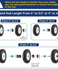 Diagram showing how to extend hub length of 4.80/4.00-8 Flat Free Tire And Wheel with spacers from 3" to 3.5", 4", and 4.5".