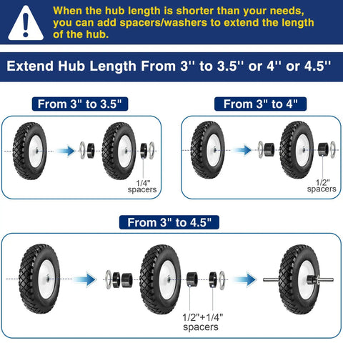 Diagram showing how to extend hub length of 4.80/4.00-8 Flat Free Tire And Wheel with spacers from 3" to 3.5", 4", and 4.5".