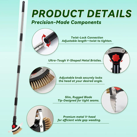 3 In 1 Heavy Duty Crack Weeder Tool With 59 Inch Adjustable Handle with V-shaped bristles, twist-lock and knob connections