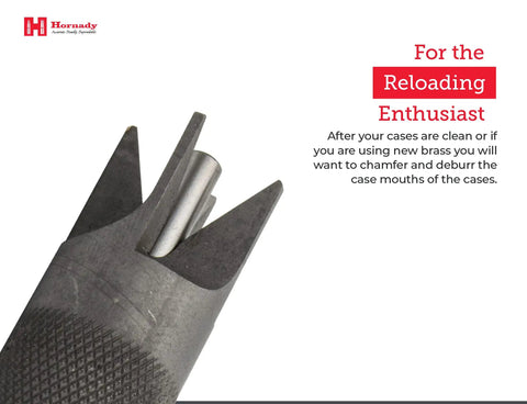 Hornady Deluxe 4-Blade Chamfer And Deburring Tool showing double ended design and knurled handle for reloading tasks.
