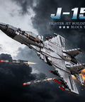 J-15 Fighter Jet Building Set soaring against cloudy sky, showcasing ultra detailed model aircraft kit for adults and hobbyists.