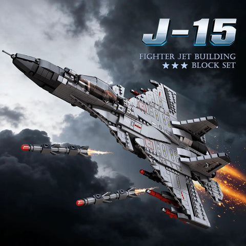 J-15 Fighter Jet Building Set soaring against cloudy sky, showcasing ultra detailed model aircraft kit for adults and hobbyists.