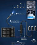 Dual Lens Endoscope Camera With Light 1920P HD Borescope for iOS and Android, showing parts and smartphone view.