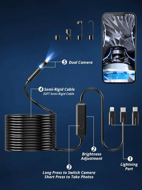 Dual Lens Endoscope Camera With Light 1920P HD Borescope for iOS and Android, showing parts and smartphone view.