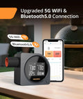 5G WiFi And Bluetooth BBQ Temperature Controller For Ceramic Grills Automatic Smoker Fan With LCD Screen next to smartphone app