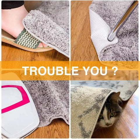 Image showing issues with rugs on hardwood without Non Slip Rug Pad Grippers For Hardwood And Tile, including slipping and curling corners.
