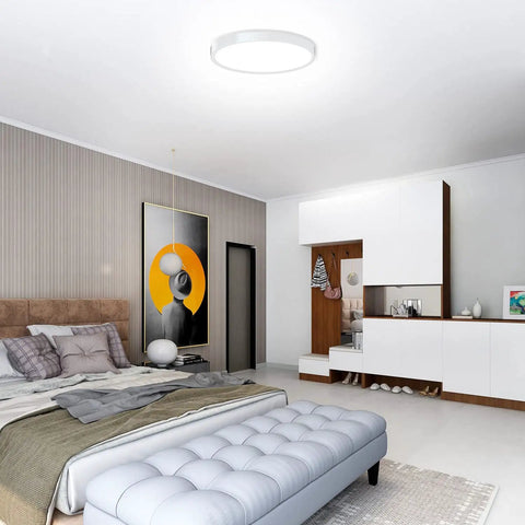 Low Profile 9 Inch Flush Mount LED Ceiling Light Fixture, 18W 5000K Daylight, Slim Surface Mount in modern bedroom
