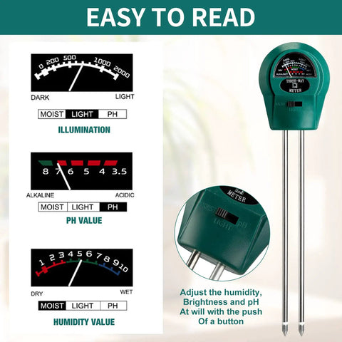 4 Pack Plant Moisture Meter 3 In 1 Soil Tester And PH Monitor For Houseplants And Garden Indoor Outdoor Yard Lawn Patio Farm Care No Battery Required Green with easy-to-read gauge display.