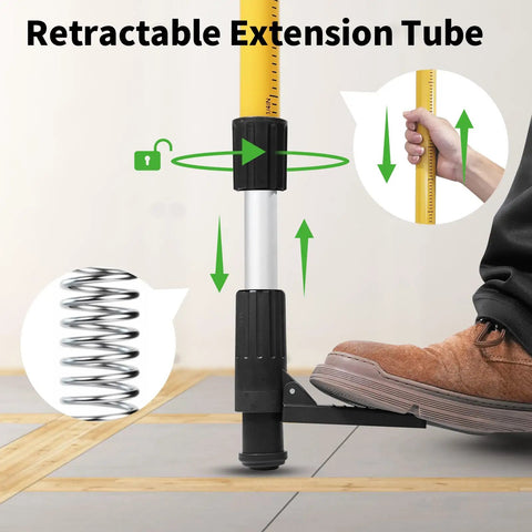 Built Like A Tank Telescoping Laser Level Stand With Hella Flexible 13.8 Foot Vertical Reach showing retractable extension tube and locking mechanism.