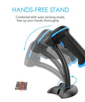 Wireless 2D Barcode Scanner With Stand For Screen Scanning And Handheld Use CMOS Imager displayed on flexible stand with QR code
