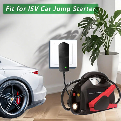 No Fuss Heavy Duty Plug And Play Car Jump Starter Power Cord Replacement Charger Adapter 15V 1A with green light indicator.