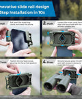 Universal Phone Digiscoping Adapter For Telescope And Spotting Scope With Remote Shutter shows 4-step installation instructions.