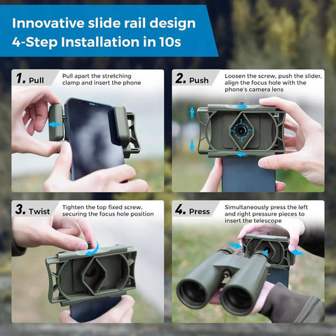 Universal Phone Digiscoping Adapter For Telescope And Spotting Scope With Remote Shutter shows 4-step installation instructions.