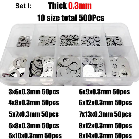 Ultra Thin Flat Washer Set For M2 To M8 Sizes In 304 Stainless Steel, Shim And Plain Gasket Assortment Kit, Corrosion Resistant, Space Saving, Smooth Edges For Tight, Compact Assemblies. 0.3mm washer kit in organizer
