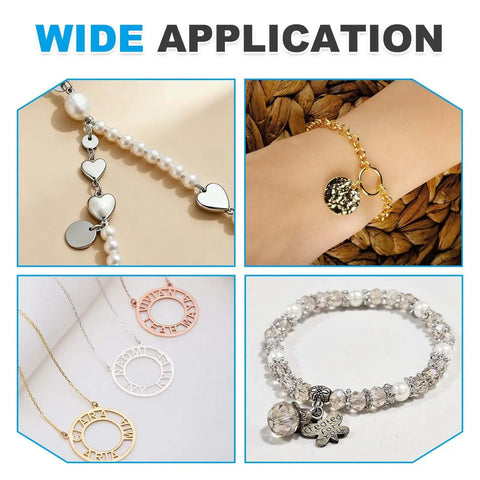 Wide application of stainless steel disc blanks for engraving in jewelry, showing bracelets, necklaces, and charms.