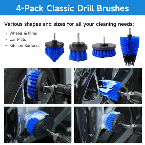 4-pack drill brushes from All In One 36 Piece Car Detailing Kit With Drill Brushes cleaning car wheels with soap.