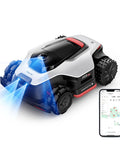 All Terrain Wire Free Robot Lawn Mower With AWD Power 360 Degree LiDAR And AI Dual Vision The Lawn Beast For 0.5 Acre Yards That Handles 80 Percent Slopes Fast Charge In 45 Minutes Edge Trimming At 1.97 Inches 4G GPS Anti Theft showing blue lights and mobile app interface